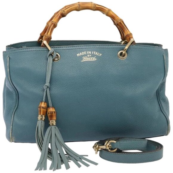 GUCCI Bamboo Hand Bag Leather 2way Blue - Picture 1 of 16